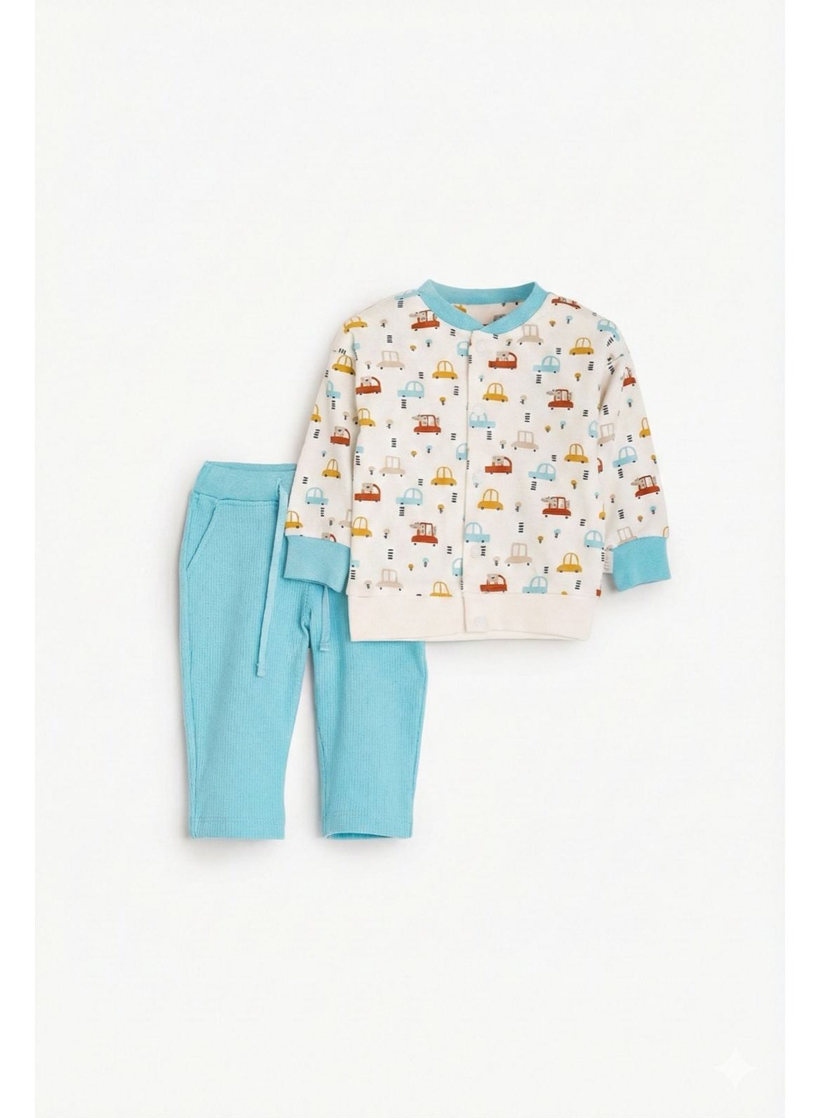 Junior Toddler Coordinated Outfit Set, Car Print Top with Turquoise Trousers, 100% Cotton, Long Sleeve, 2 Piece code2034